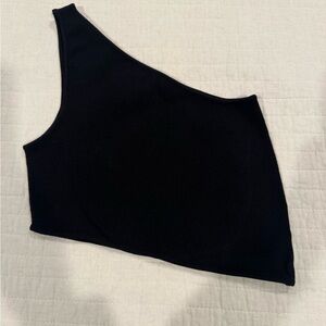 One shoulder black crop top. Light sweater material with stretch fabric.